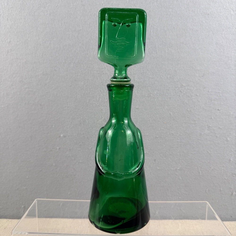 Erik Hoglund Boda Green Glass People Decanter Face Stopper Neiman Marcus 10.5"
